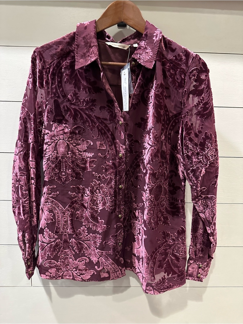 Soft Surrounding Women’s Velvet Burnout Button Shirt in Deep Plum- size Medium